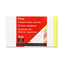 Mead Index Cards, Ruled, 3"x5", 100 Count, Assorted