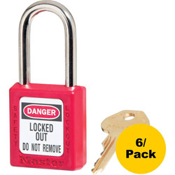 Master Lock Company Safety Padlock, Labeled, 1/4 inDx1-1/2 inH Shackle, 6/PK, Red