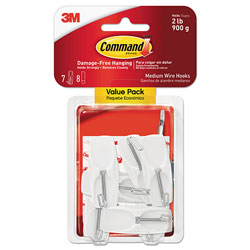 Command® General Purpose Wire Hooks, Medium, 2 lb Cap, White, 7 Hooks and 8 Strips/Pack