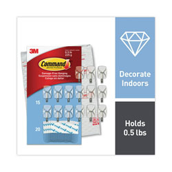 Command® Small Wire Hooks, Small, Plastic/Metal, 0.5 lb Capacity, Clear, 15 Hooks and 20 Strips/Pack