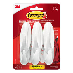 Command® Designer Hooks, Plastic, White, 3 lb Cap, 6 Hooks and 12 Strips/Pack