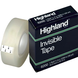 Highland Invisible Tape, 1 in Core, 3/4 in x 1296 in, 12 Rolls/PK, Clear