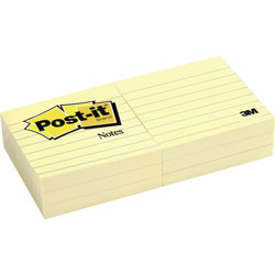 Post-it® Notes, Lined, 3"x3", 100 Sheets/PD, 12/PK, Yellow
