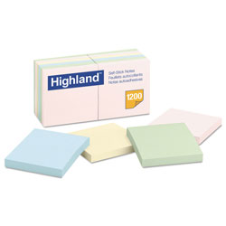 Highland Self-Stick Notes, 3 in x 3 in, Assorted Pastel Colors, 100 Sheets/Pad, 12 Pads/Pack