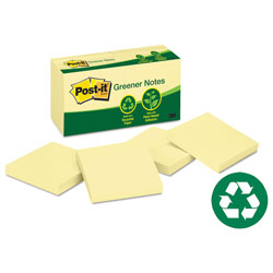 Post-it® Recycled Note Pads, 3 x 3, Canary Yellow, 100 Notes/Pad, 12 Pads/Pack
