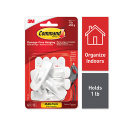 Command® General Purpose Hooks, Small, Plastic, White, 1 lb Cap, 6 Hooks and 12 Strips/Pack