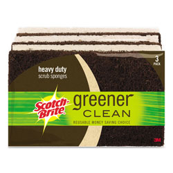Scotch Brite® Greener Clean Heavy-Duty Scrub Sponge, 4.5 x 2.7, 0.6 in Thick, Light Brown, 3/Pack
