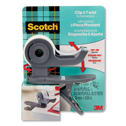 Scotch™ Clip and Twist Desktop Tape Dispenser, with Tape Roll, 1 in Core, Plastic, Gray