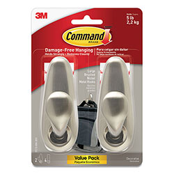 Command® Adhesive Mount Metal Hook, Large, Brushed Nickel Finish, 2 Hooks and 4 Strips/Pack