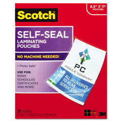Scotch™ Self-Sealing Laminating Pouches, 9.5 mil, 9 in x 11.5 in, Gloss Clear, 25/Pack