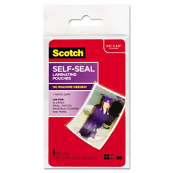 Scotch™ Self-Sealing Laminating Pouches, 9.5 mil, 2.81 in x 3.75 in, Gloss Clear, 5/Pack