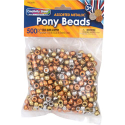 Pacon Pony Beads, 1/4 inX2/5 in , 500/Pk, Metallic