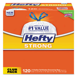 Hefty Strong Tall Kitchen Drawstring Bags, 13 gal, 0.9 mil, 23.75 in x 27 in, White, 360/Carton