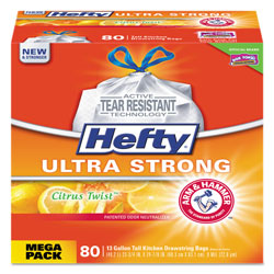 Hefty Ultra Strong Scented Tall White Kitchen Bags, 13 gal, 0.9 mil, 23.75 in x 24.88 in, White, 80/Box