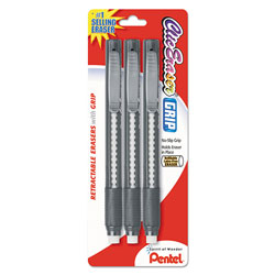 Pentel Clic Eraser Grip Eraser, White Polyvinyl Chloride Eraser, Randomly Assorted Barrel Colors, 3/Pack