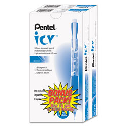 Pentel Icy Mechanical Pencil, 0.5 mm, HB (#2.5), Black Lead, Transparent Blue Barrel, Dozen