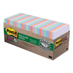 Post-it® Recycled Notes in Wanderlust Pastel Collection Colors, Cabinet Pack, 3 in x 3 in, 70 Sheets/Pad, 24 Pads/Pack