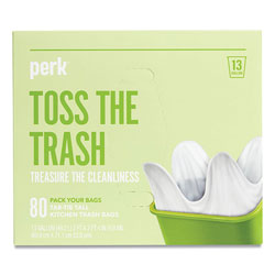 Perk™ Tab-Tie Tall Kitchen Trash Bags, 13 gal, 0.9 mil, 28 in x 24 in, White, 80/Box