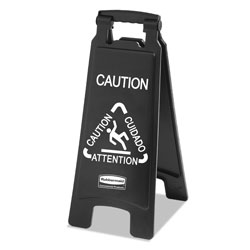 Rubbermaid Executive 2-Sided Multi-Lingual Caution Sign, Black/White, 10 9/10 x 26 1/10