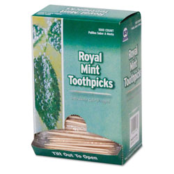 Royal   Mint Cello-Wrapped Wood Toothpicks, 2 1/2 in, Natural, 1000/Box, 15 Boxes/Carton