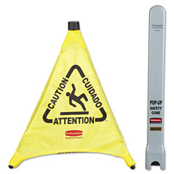 Rubbermaid Multilingual  inCaution in Pop-Up Safety Cone, 3-Sided, Fabric, 21 x 21 x 20, Yellow