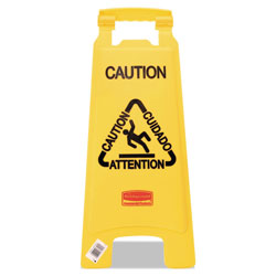 Rubbermaid Multilingual "Caution" Floor Sign, Plastic, 11 x 12 x 25, Bright Yellow (6112YL)