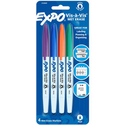 Expo® Vis-A-Vis Wet-Erase Markers, Fine Marker Point, Assorted, 4/Pack