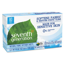 Seventh Generation Natural Fabric Softener Sheets, Unscented, 80 Sheets per Box