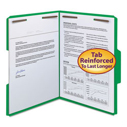 Smead WaterShed/CutLess Reinforced Top Tab 2-Fastener Folders, 1/3-Cut Tabs, Letter Size, Green, 50/Box