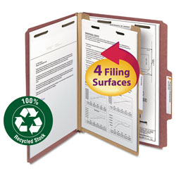 Smead 100% Recycled Pressboard Classification Folders, 1 Divider, Letter Size, Red, 10/Box