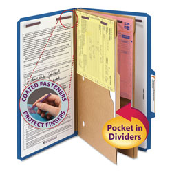 Smead 6-Section Pressboard Top Tab Pocket-Style Classification Folders w/ SafeSHIELD Fasteners, 2 Dividers, Legal, Dark Blue, 10/BX