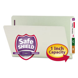 Smead End Tab 1" Expansion Pressboard File Folders w/Two SafeSHIELD Coated Fasteners, Straight Tab, Legal Size, Gray-Green, 25/Box (SMD37705)