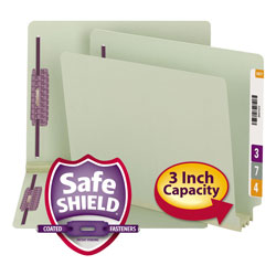 Smead End Tab 3" Expansion Pressboard File Folders w/Two SafeSHIELD Coated Fasteners, Straight Tab, Letter Size, Gray-Green, 25/Box (SMD34725)