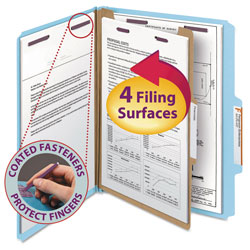 Smead Four-Section Pressboard Top Tab Classification Folders with SafeSHIELD Fasteners, 1 Divider, Letter Size, Blue, 10/Box (SMD13730)