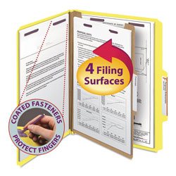 Smead Four-Section Pressboard Top Tab Classification Folders with SafeSHIELD Fasteners, 1 Divider, Letter Size, Yellow, 10/Box (SMD13734)