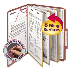 Smead Pressboard Classification Folders with SafeSHIELD Coated Fasteners, 2/5 Cut, 3 Dividers, Letter Size, Red, 10/Box (SMD14092)