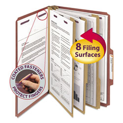 Smead Pressboard Classification Folders with SafeSHIELD Coated Fasteners, 2/5 Cut, 3 Dividers, Legal Size, Red, 10/Box (SMD19092)