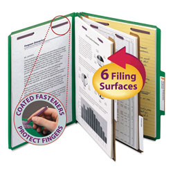 Smead Six-Section Pressboard Top Tab Classification Folders with SafeSHIELD Fasteners, 2 Dividers, Letter Size, Green, 10/Box (SMD14033)