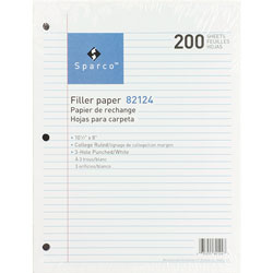 Sparco Filler Paper, College Ruled, 10 1/2"x8", 200/Pack, White