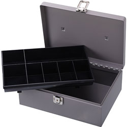 Sparco Gray Cash Box, w/ Latch Lock, 2 Keys, 7 Cmpmnts, 11" x 7-3/4" x 4"