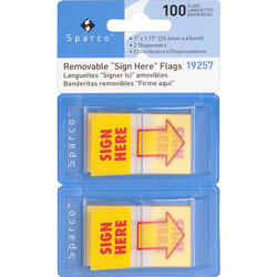 Sparco Removable Flags with Pop-up Dispenser, "Sign Here", 1"x1-3/4", 100/PK, Yellow