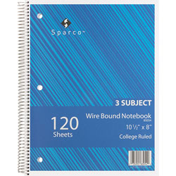 Sparco Notebooks, Wirebound, 3 Subject, 10 1/2"x8", College Ruled, 180SH