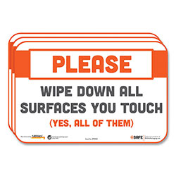 Tabbies BeSafe Messaging Repositionable Wall/Door Signs, 9 x 6, Please Wipe Down All Surfaces You Touch, White, 3/Carton