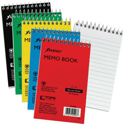 TOPS Memo Notebooks, Top Spiral, Narrow Ruled, 50 Sheets, 3 in x 5 in, 5/BD, Assorted
