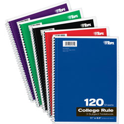 TOPS Wirebound 3-Subject Notebook, College Rule, 8-1/2 x 11, White, 120 Sheets/Pad