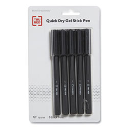 TRU RED™ Quick Dry Gel Pen, Stick, Medium 0.7 mm, Black Ink, Black Barrel, 5/Pack