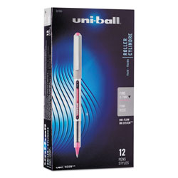 Uni-Ball VISION Stick Roller Ball Pen, Fine 0.7mm, Passion Pink Ink, Gray Barrel, Dozen