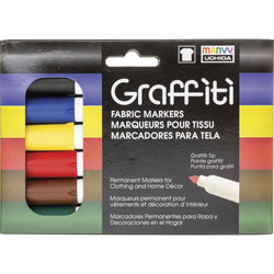 Uchida of America Graffiti Fabric Markers, Medium Marker Point, Tapered Marker Point Style, Red, Blue, Green, Brown, Yellow, Black Pigment-based Ink, 6/Set