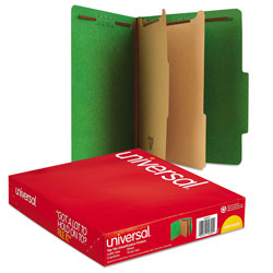 Universal Bright Colored Pressboard Classification Folders, 2 in Expansion, 2 Dividers, 6 Fasteners, Letter Size, Emerald Green, 10/Box