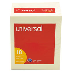 Universal Self-Stick Note Pad Value Pack, 3 in x 5 in, Yellow, 100 Sheets/Pad, 18 Pads/Pack
